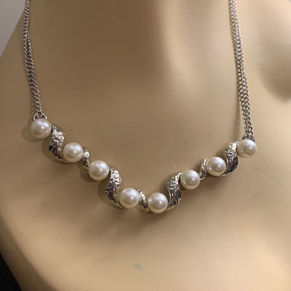 Necklace Pearl and Rhinestone  with Pierced Earrings Costume Jewelry Silvertone